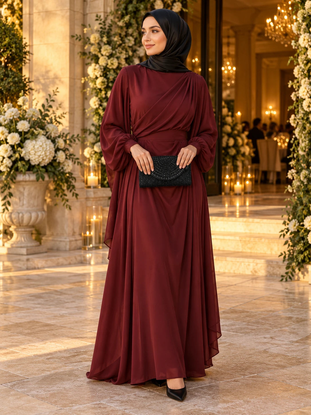 
Burgundy & Black
 — modest wedding outfit
