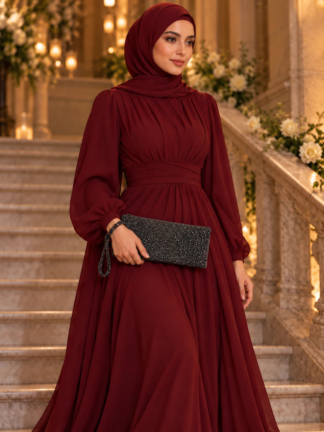 
Burgundy & Graphite
 — modest wedding outfit