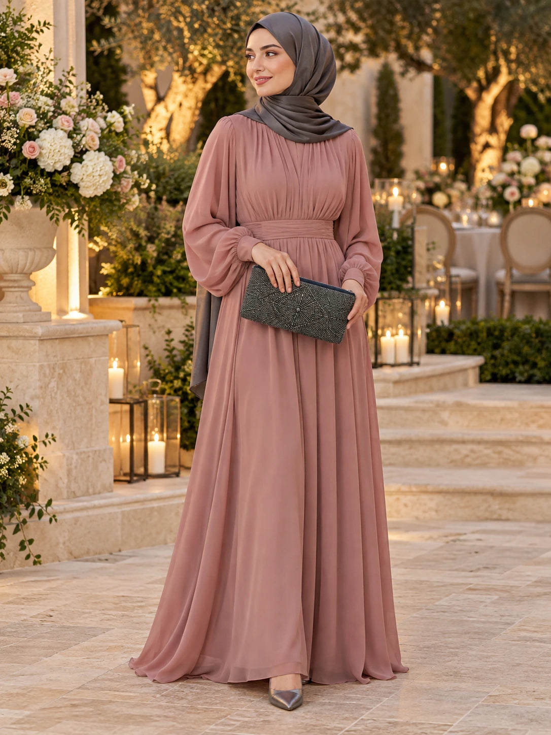 
Dusty Rose & Graphite
 — modest wedding outfit